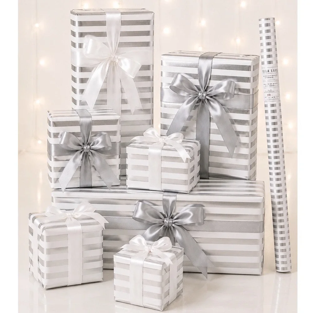 Bella Lux Silver White Striped Heavy Weight Gift Wrap 30 SqFt Party Chic 109-12